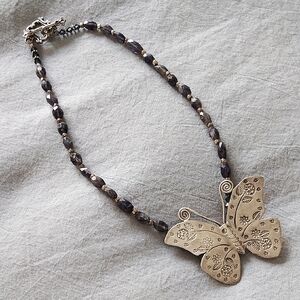 Sterling 925 Butterfly Pendant On A Blue Crystal Beaded Necklace